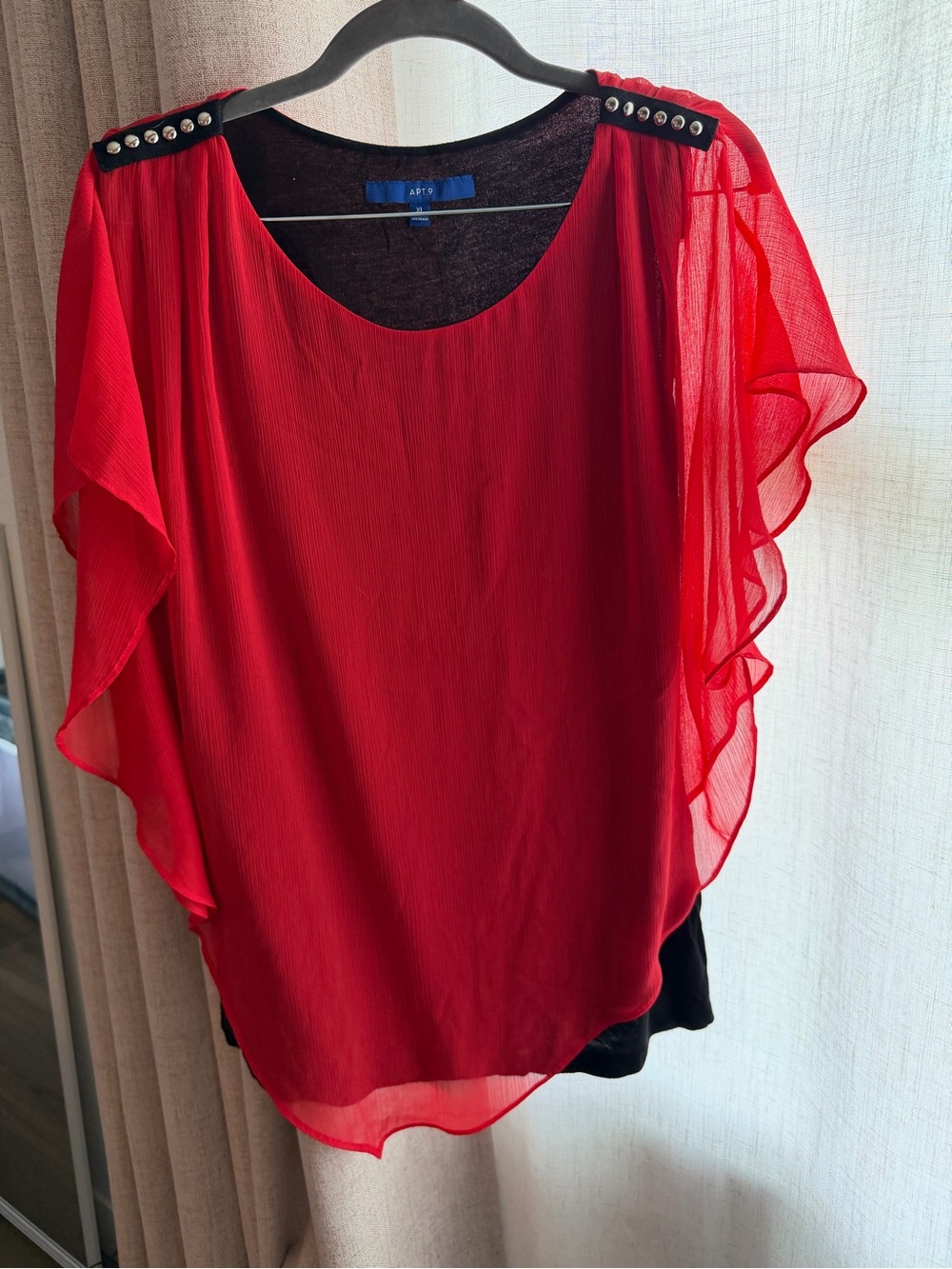 Apt. 9 Red Sheer Flutter Sleeve Top with Studded Shoulders